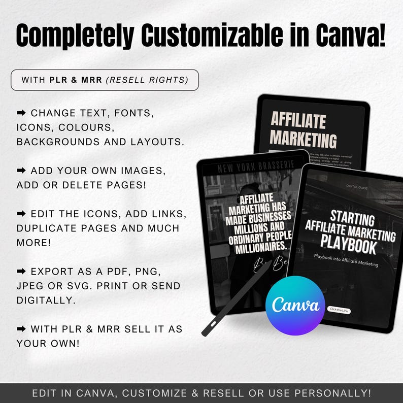 May include: A black and white image showing a digital marketing ebook template that can be customized in Canva. The template features the text "Affiliate Marketing" and "Starting Affiliate Marketing Playbook". The image also includes the Canva logo.