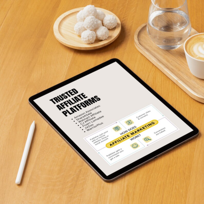 May include: A tablet computer displaying a diagram about affiliate marketing. The diagram includes a list of trusted affiliate platforms, such as Amazon Associates, ShareASale, and Walmart Affiliate. The diagram also explains how affiliate marketing works.
