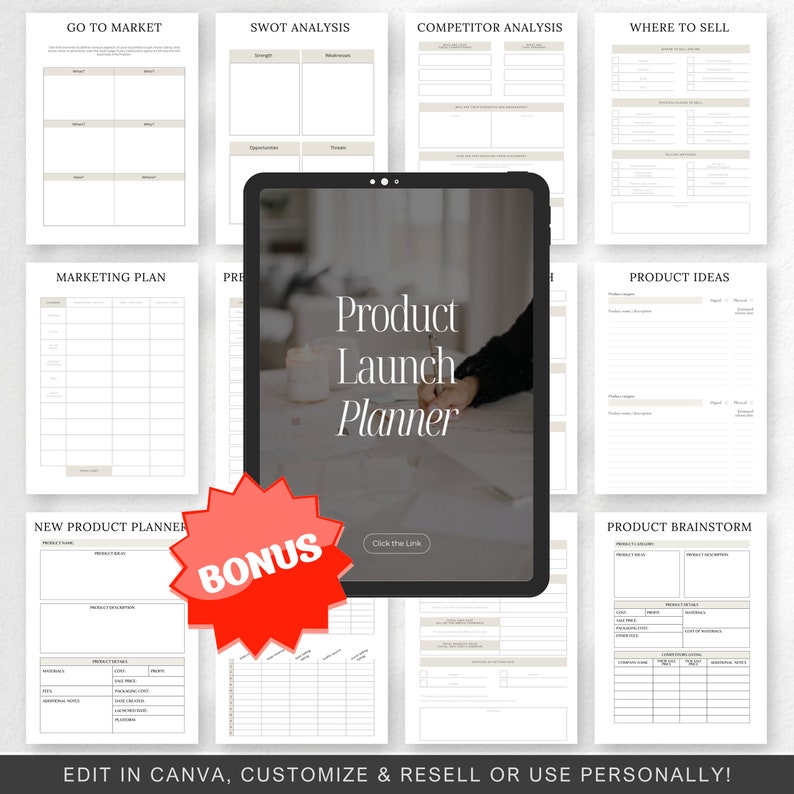 May include: A digital planner template for product launches. The template includes sections for go to market, SWOT analysis, competitor analysis, where to sell, marketing plan, new product planner, product ideas, and product brainstorm. The template is designed to help entrepreneurs and business owners launch new products successfully.