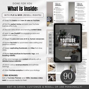 May include: A digital guide titled "Faceless YouTube Automations" with a black and white cover featuring a laptop and a pair of sunglasses. The guide is 90 pages long and teaches how to make passive income with faceless YouTube automations. The text "Edit in Canva, Customize & Resell or Use Personally!" is at the bottom of the image.