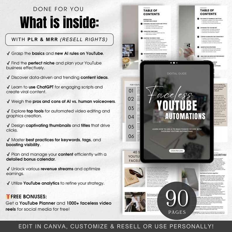 May include: A digital guide titled "Faceless YouTube Automations" with a black and white cover featuring a laptop and a pair of sunglasses. The guide is 90 pages long and teaches how to make passive income with faceless YouTube automations. The text "Edit in Canva, Customize & Resell or Use Personally!" is at the bottom of the image.