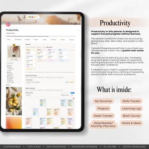 Peut inclure: Une tablette affiche un planificateur num&eacute;rique intitul&eacute; &laquo; Productivit&eacute; &raquo;. Le planificateur comprend des sections pour les routines, les t&acirc;ches et un calendrier principal. Le texte met en &eacute;vidence des fonctionnalit&eacute;s telles que la personnalisation, la navigation facile et une base de donn&eacute;es int&eacute;gr&eacute;e.