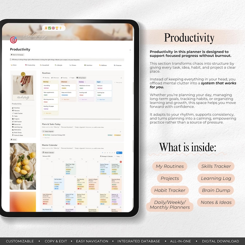 Peut inclure: Une tablette affiche un planificateur num&eacute;rique intitul&eacute; &laquo; Productivit&eacute; &raquo;. Le planificateur comprend des sections pour les routines, les t&acirc;ches et un calendrier principal. Le texte met en &eacute;vidence des fonctionnalit&eacute;s telles que la personnalisation, la navigation facile et une base de donn&eacute;es int&eacute;gr&eacute;e.