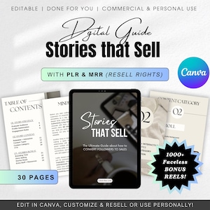 Puede incluir: Guía digital titulada "Stories That Sell" con el subtítulo "La guía definitiva sobre cómo CONVERTIR SEGUIDORES EN VENTAS". La guía incluye 30 páginas y ofrece más de 1000 bonus reels. Editable en Canva.