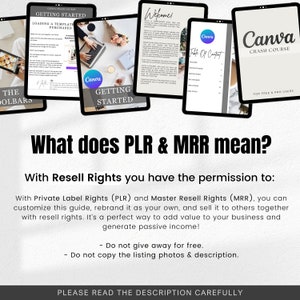May include: A digital product display featuring multiple tablets showcasing Canva tutorials. The tablets display titles like "Getting Started" and "Crash Course." Text on the image explains PLR and MRR resell rights, emphasizing customization and passive income.