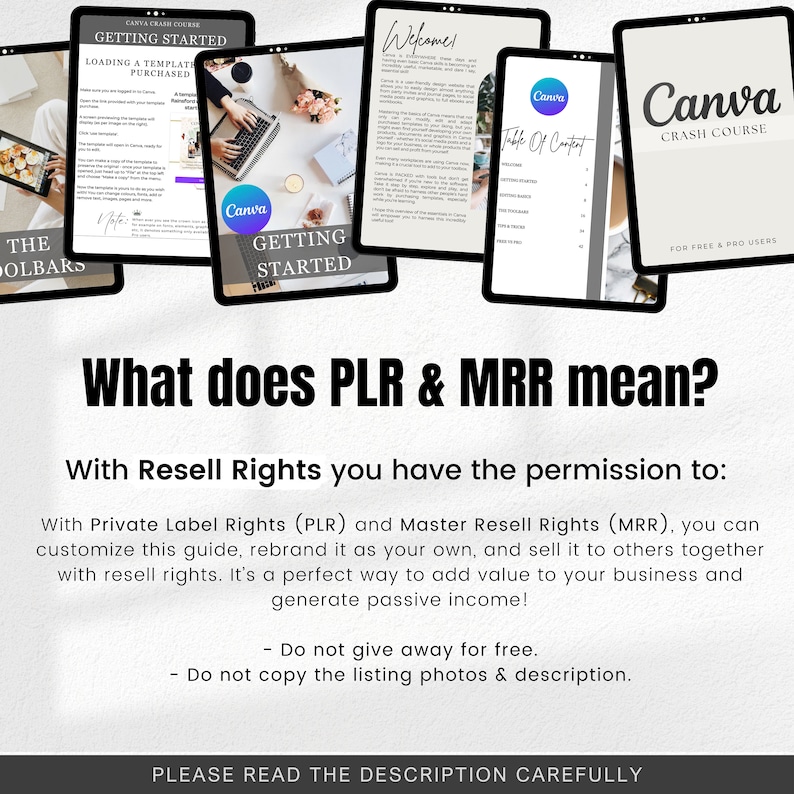 May include: A digital product display featuring multiple tablets showcasing Canva tutorials. The tablets display titles like "Getting Started" and "Crash Course." Text on the image explains PLR and MRR resell rights, emphasizing customization and passive income.