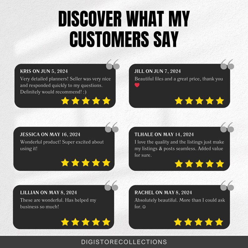 Pu&ograve; includere: Un collage di cinque recensioni di clienti con valutazioni a cinque stelle per un prodotto digitale. Ogni recensione include il nome del cliente, la data della recensione e una breve descrizione della sua esperienza. Le recensioni evidenziano la qualit&agrave;, il valore e l'utilit&agrave; del prodotto.