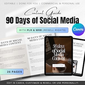 Könnte beinhalten: Ein digitales Produkt-Mockup mit einem Tablet, auf dem ein Leitfaden mit dem Titel "90 Tage Social Media Content" angezeigt wird. Der Leitfaden wird als "Fertig zum Gebrauch" beschrieben und umfasst 26 Seiten mit Inhalten. Das Bild enthält auch den Text "In Canva bearbeiten, anpassen und weiterverkaufen oder persönlich verwenden!"