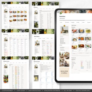 Peut inclure: Planificateur de nutrition num&eacute;rique affich&eacute; sur une tablette et plusieurs impressions. Il comprend des sections pour la planification des repas, le hub de recettes, les listes d'&eacute;picerie et la biblioth&egrave;que de r&eacute;gimes. Le texte "Healthy Eating" est visible. T&eacute;l&eacute;chargement num&eacute;rique.