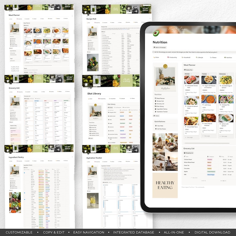 Peut inclure: Planificateur de nutrition num&eacute;rique affich&eacute; sur une tablette et plusieurs impressions. Il comprend des sections pour la planification des repas, le hub de recettes, les listes d'&eacute;picerie et la biblioth&egrave;que de r&eacute;gimes. Le texte "Healthy Eating" est visible. T&eacute;l&eacute;chargement num&eacute;rique.