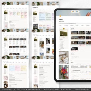 Peut inclure: Un planificateur num&eacute;rique affich&eacute; sur une tablette et des pages imprim&eacute;es. Le planificateur comprend des sections pour les objectifs de vie, l'introspection et les tableaux de vision. Le texte en bas indique "PERSONNALISABLE &bull; COPIER & MODIFIER &bull; NAVIGATION FACILE &bull; BASE DE DONN&Eacute;ES INT&Eacute;GR&Eacute;E &bull; TOUT-EN-UN &bull; T&Eacute;L&Eacute;CHARGEMENT NUM&Eacute;RIQUE."