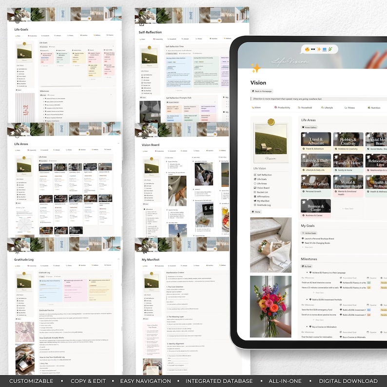Peut inclure: Un planificateur num&eacute;rique affich&eacute; sur une tablette et des pages imprim&eacute;es. Le planificateur comprend des sections pour les objectifs de vie, l'introspection et les tableaux de vision. Le texte en bas indique "PERSONNALISABLE &bull; COPIER & MODIFIER &bull; NAVIGATION FACILE &bull; BASE DE DONN&Eacute;ES INT&Eacute;GR&Eacute;E &bull; TOUT-EN-UN &bull; T&Eacute;L&Eacute;CHARGEMENT NUM&Eacute;RIQUE."