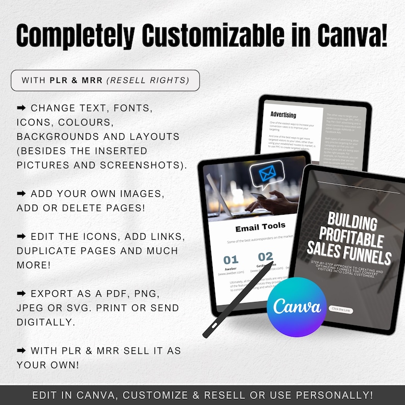 Pu&ograve; includere: Una guida di marketing digitale con il testo "Building Profitable Sales Funnels" sullo schermo di un tablet. La guida &egrave; personalizzabile in Canva e include icone, immagini e testo. Il testo "Canva" &egrave; visibile sullo schermo.