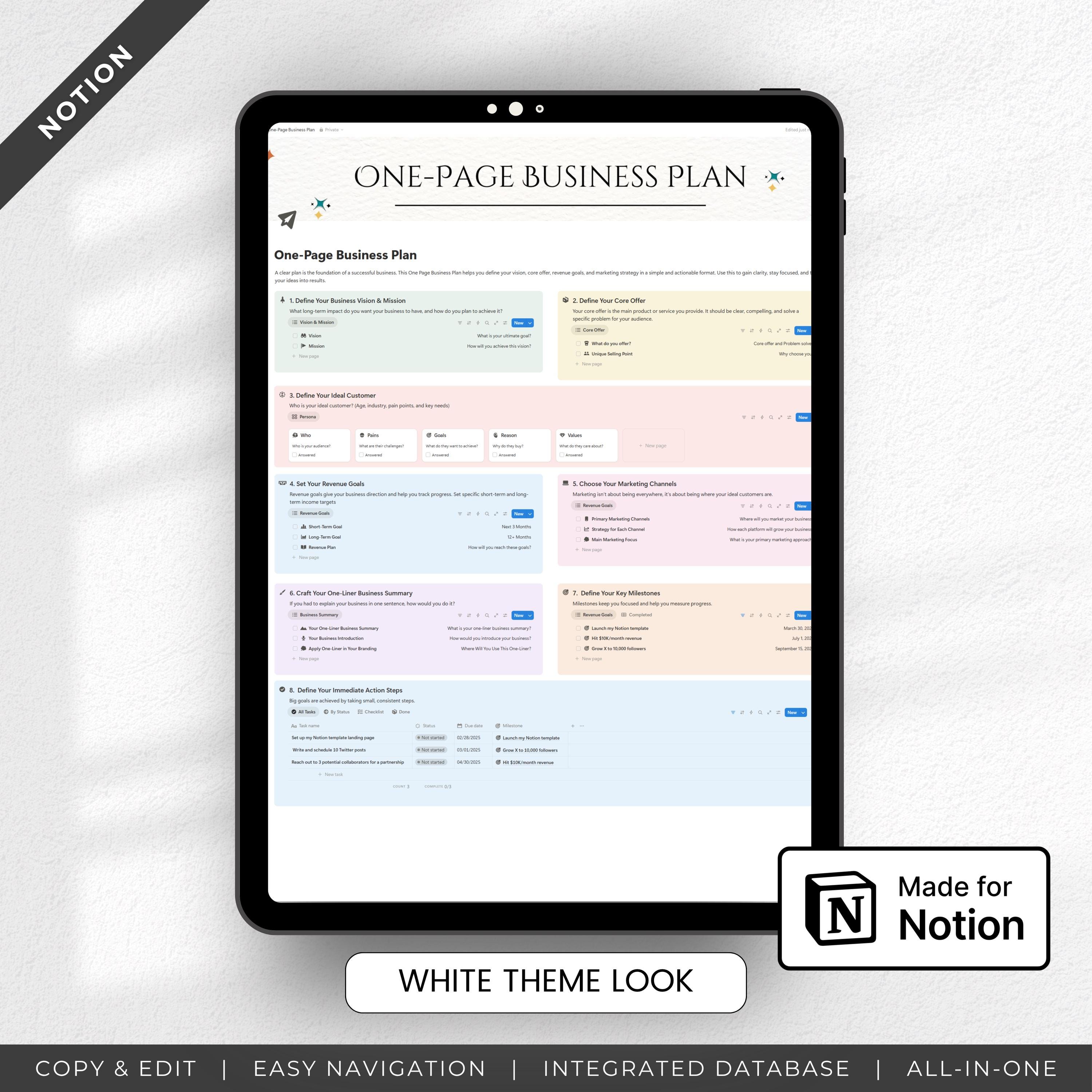 One-page Notion Business Plan Template | Work Planner Dashboard ...