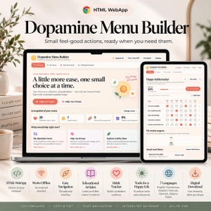 May include: A laptop and tablet displaying the Dopamine Menu Builder web application interface. The screen shows a dashboard with a habit tracker, menu options, and progress metrics. Below are icons for features like offline access, navigation, and habit tracking.