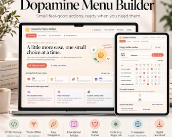 Dopamine Menu Builder, Interactive HTML Self-Care Planner, Digital Habit Tracker, Interactive HTML Web App, Offline Wellness Journal