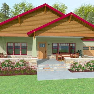 May include: A single-story house with light green siding, a brown gabled roof with red trim, and a stone-based front porch. The porch features a wooden swing, a wooden table with chairs, and a central wooden door. A two-car garage is attached.