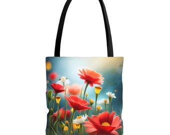 Große Einkaufstasche mit Blumenmuster für unterwegs – Strandtasche aus Polyester, erhältlich in drei Größen und fünf Grifffarben