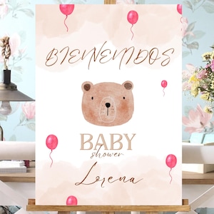 Cartel de Bienvenida a Baby Shower – Diseño con Oso y Globos Rosados