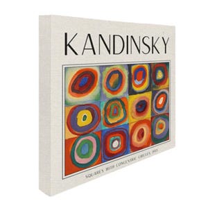 May include: A canvas print of Wassily Kandinsky's "Squares with Concentric Circles 1913." The artwork features a grid of colorful squares, each containing concentric circles in various colors like red, blue, yellow, and green. The title and artist's name are printed at the top.