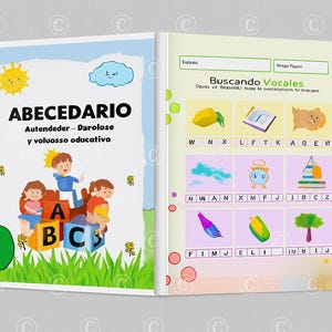 May include: An educational book titled "ABECEDARIO" with illustrations of children and alphabet blocks. The open pages display a matching game with images and letter puzzles. The cover features a sun, cloud, and green grass. The book is in Spanish.