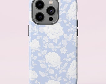 Vintage Blue Floral iPhone Case: White Rose Cottagecore Phone Cover