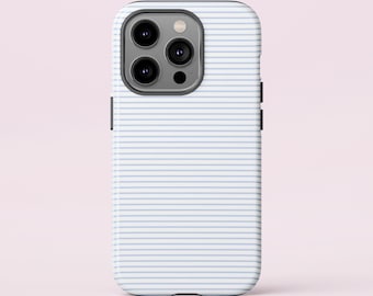 Striped Linen iPhone Case: Minimalist Blue & White, Protective Tough Case