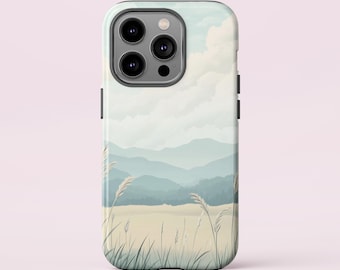 Minimalistic Japenese anime landscape in pastel colors. Tough Case for iPhone, Samsung, Anime Lover Gift, Pastel Aesthetic, Kawaii.