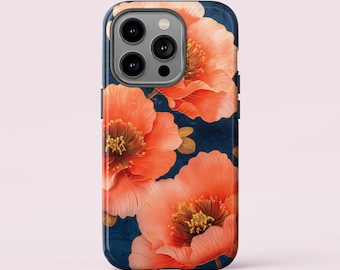 Orange Floral Phone Case: Blue Background, iPhone, Galaxy