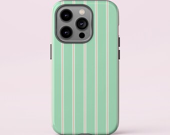 May include: A mint green phone case with vertical stripes in white and a thin, light brown accent. The case has a glossy finish and a camera cutout with three lenses.