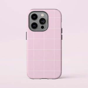 May include: A pink phone case with a white grid pattern.