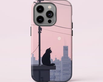 Anime Cat Phone Case: Pastel Cityscape Design