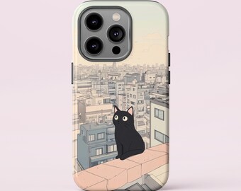 Anime-Inspired Black Cat Cityscape Phone Case. Aesthetic Urban Design for iPhone, Samsung, Anime Lover Gift, Pastel Aesthetic, Kawaii.
