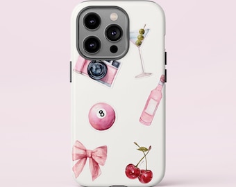 Trendy Aesthetic Phone Case, Cute Pink Cherry & Camera Design, Girly iPhone Cover with Fun Watercolor stickers