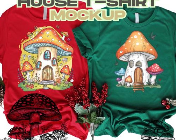 Fairy Mushroom House T-Shirt Mockup, Whimsical Fantasy Tee Design, Cute Cottage Illustration, Digital Download for Creators