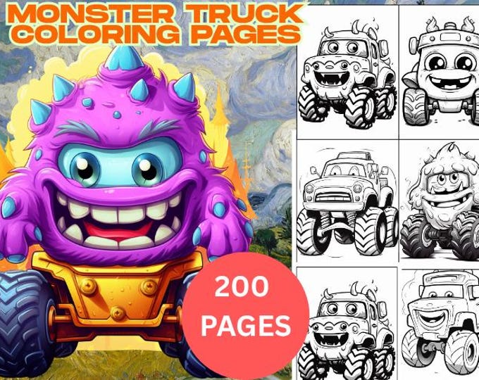 Monster Truck Coloring Pages Bundle – 200 Unique Designs for Kids, Toddlers & Fans, Printable Activity