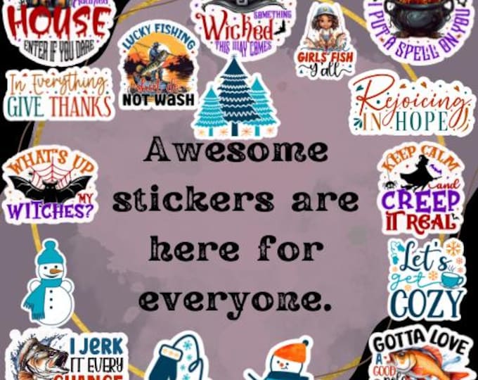 Collage of Assorted Fun Stickers|Halloween, Winter, Fishing & More Stickers