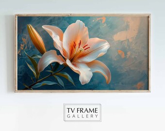 Frame TV Art - Lirio naranja vibrante sobre fondo texturizado verde azulado - Pintura digital de estilo impresionista - Arte floral de primavera y verano