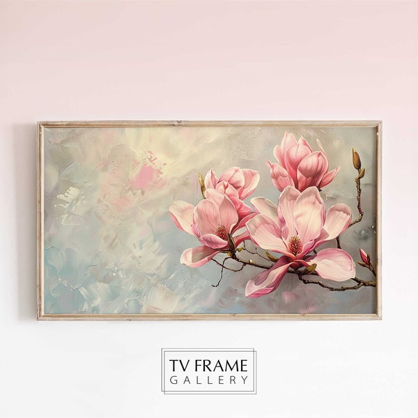 Frame TV Art - Ethereal Pink Magnolia Blossoms on Textured Background - Spring and Summer Floral Art for Samsung Frame TV