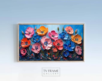 Frame TV Art - Vibrantes flores de clavel sobre un fondo azul intenso - Arte floral texturizado de primavera y verano para Samsung Frame TV