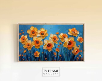 Frame TV Art - Narcisos dorados sobre pintura al óleo con textura verde azulado de flores primaverales que florecen contra el cielo azul para Samsung Frame TV