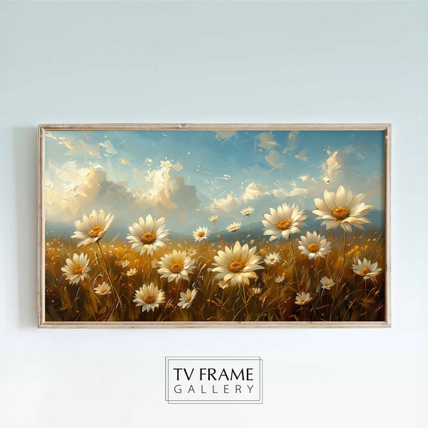 Frame TV Art - Daisy Delight Enchanting White Flower Field in Golden Sunset Sky - Textured Spring and Summer Floral Art fro Samsung Frame TV