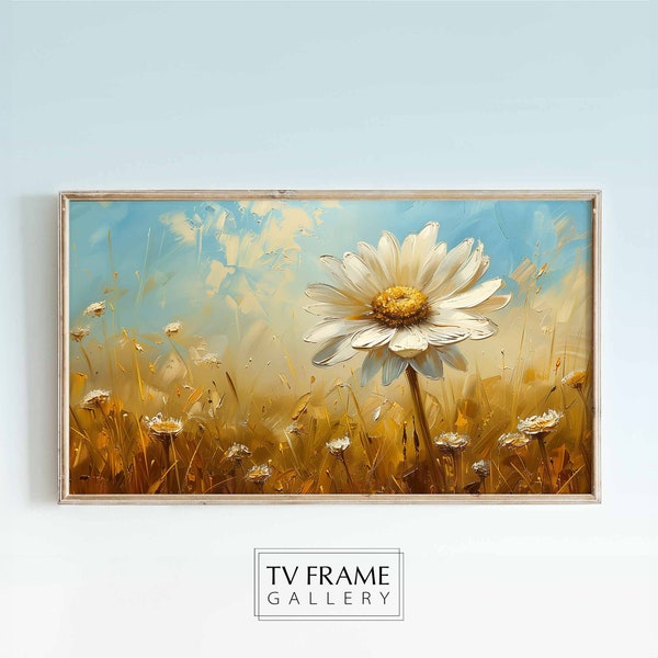 Frame TV Art - White Daisies in Sunlight Oil Painting - Vibrant Floral Field Textured Spring and Summer Floral Art for Samsung Frame TV
