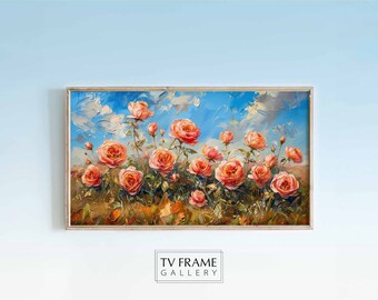 Frame TV Art - Textured Pink Roses Blooming Against Blue Sky - Spring Floral Digital Artwork for Samsung Frame TV