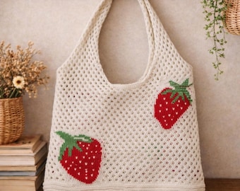 Crochet Bag: Strawberry Boho Tote, Large Capacity Ivory Strawberry Purse