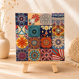 4x4 bunte Mandala-Mosaik-Fliesenkunst | Boho Folk Dekor mit Staffelei