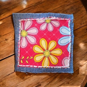 Denim Flower Patch, Boho Patch, Retro Fabric Patch, 4x4 inches. Upcycled Materials, Applique Patch, Handmade  Patch, Jeans Patch, Bag Patch.