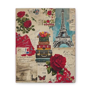 Colagem de arte em tela parisiense vintage - decoração de parede perfeita para quem ama viajar, decoração de casa, presente para ela, quarto romântico, impressão de arte, colagem