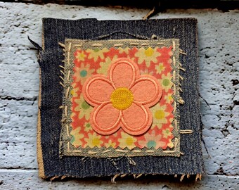 Upcycled Denim Boho Patch, Applique Patch, Daisy Patch, Boyfriend Jeans Patch, Hand Stitched  Patch, Festival Boho Patch. 4x4 inches.