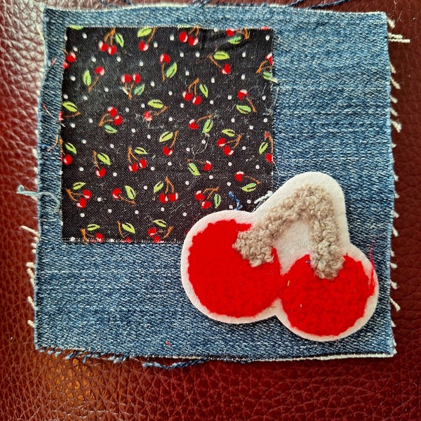 Cherries and Denim Patch, 4x4 inches, Applique, Upcycled Denim Boyfriend Jeans Patch, Festival Patch, Denim Patch, Upcycled Fabric.